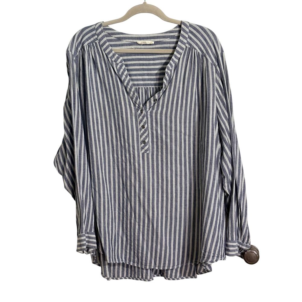 Jane & Delancey 3X Plus Size Blue White Striped Cotton Henley Roll Tab Sleeve